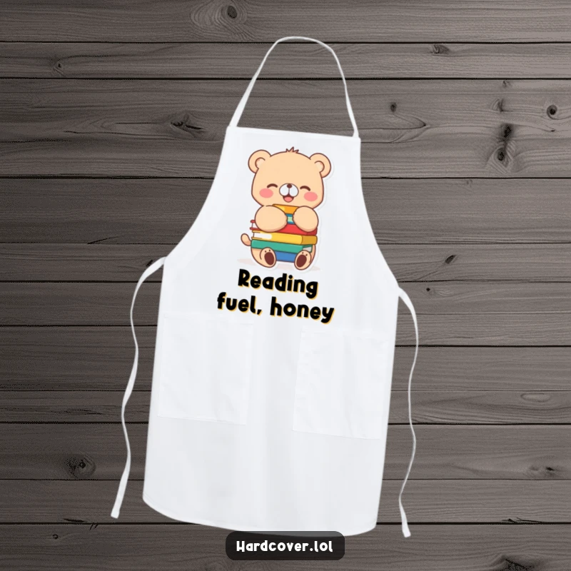 Funny bear cub character joyfully hugging a stack of colorful books, tail wagging, on a practical kitchen apron.