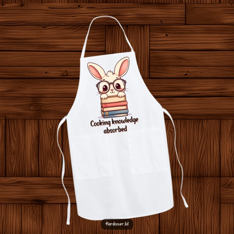 Funny apron showing a curious rabbit wearing large glasses, peeking over a stack of books. Practical kitchen wear with intellect.