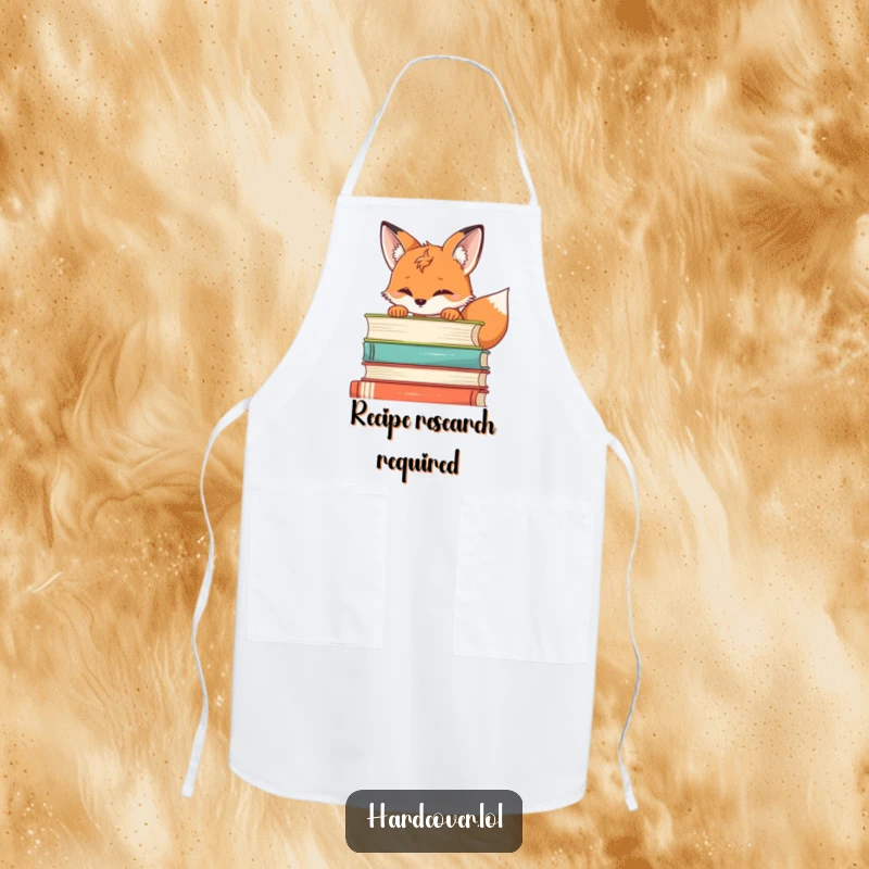 Funny fox apron depicting a curious fox peeking over a stack of books, ideal for a humorous and practical kitchen accessory.