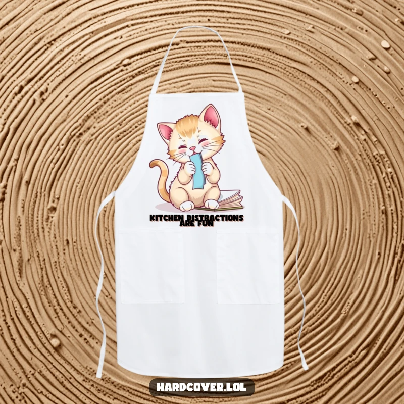 Funny kitten wearing an apron, playfully batting a bookmark from a novel while in the kitchen, adding humor.