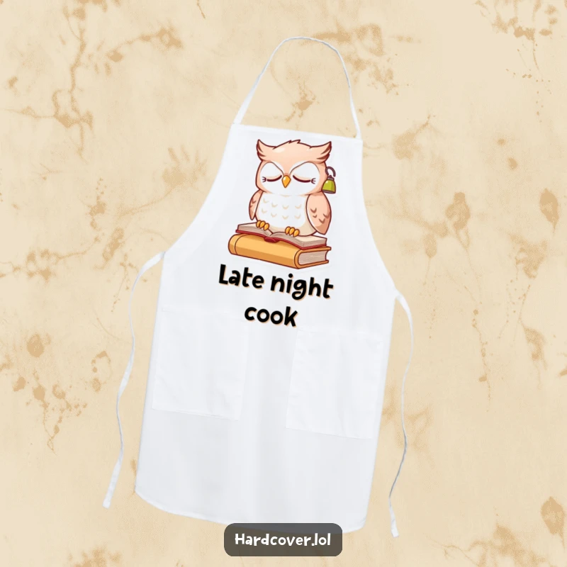 Funny sleepy owl character perched on a book, wearing a small reading lamp, on a practical kitchen apron.