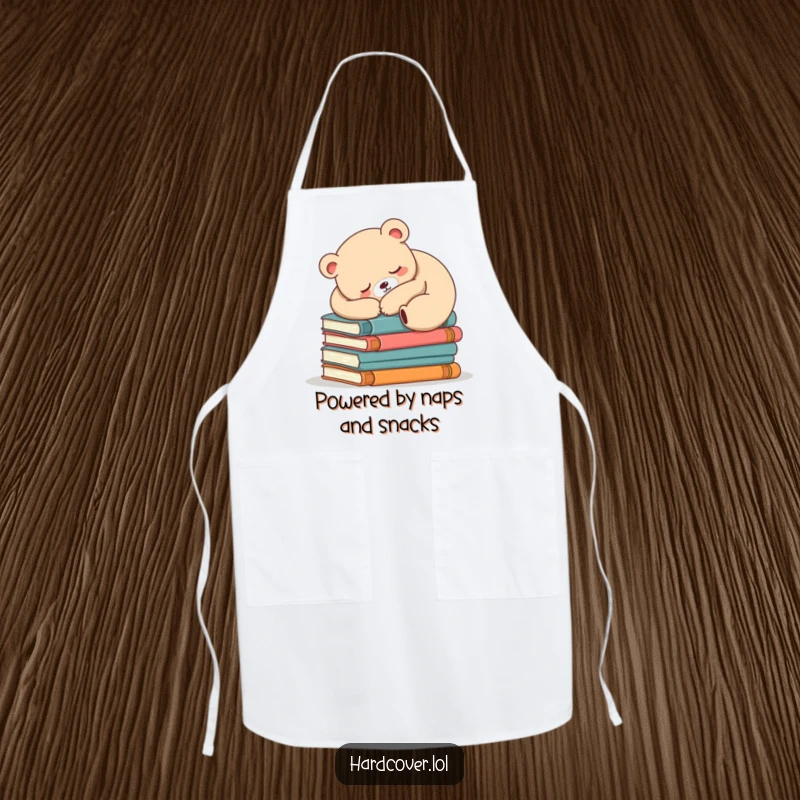 Funny sleepy bear wearing an apron, napping on books while in the kitchen, bringing humor to cooking.