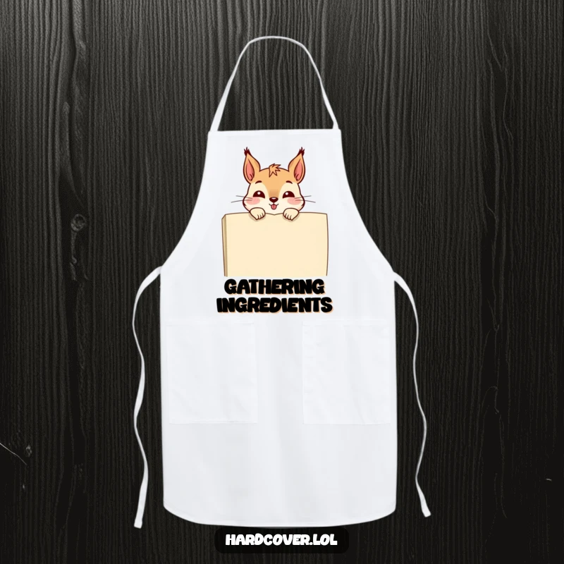 Funny apron designed with a giggling squirrel peeking over a book, perfect for themed kitchen fun.