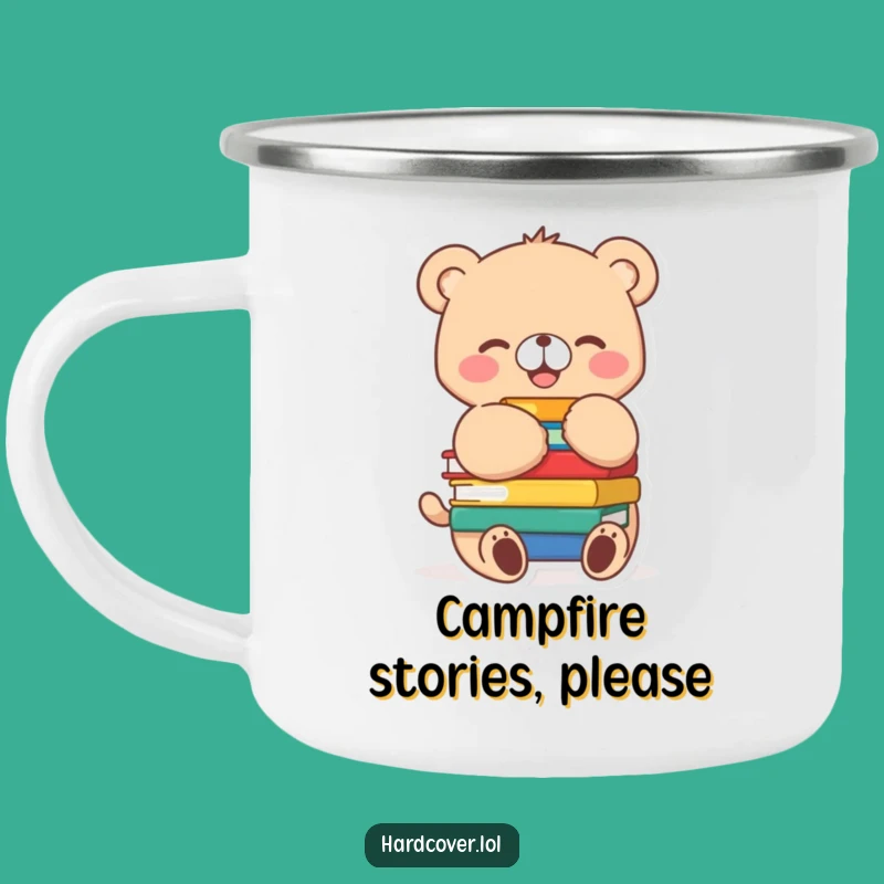 Funny Bear Cub Camping Mug: Joyful Book Hugging Character for Outdoor Reads