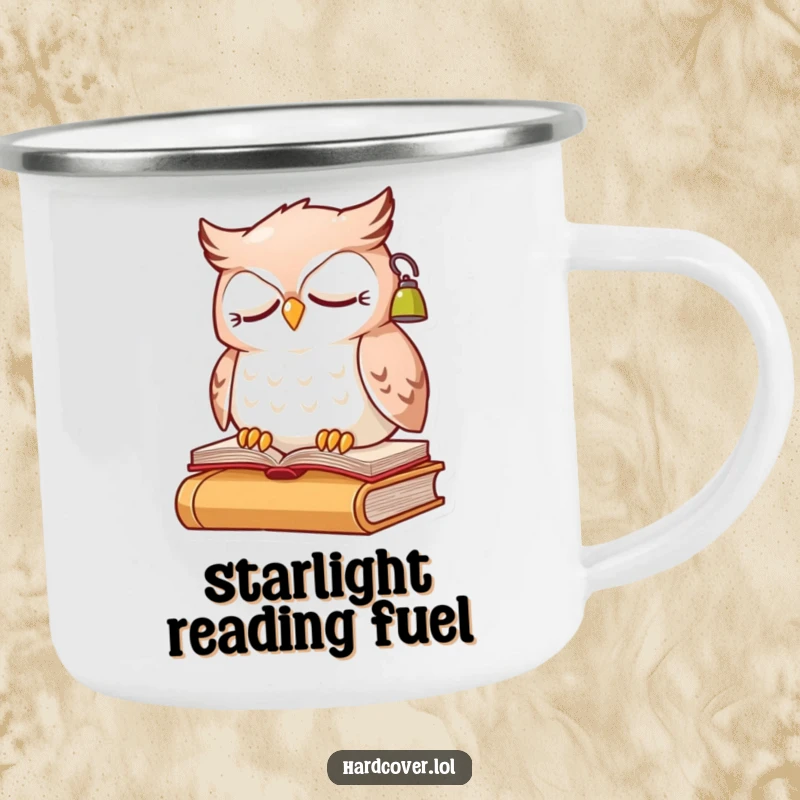 Funny sleepy owl character perched on a book, wearing a small reading lamp, on a sturdy camping mug.