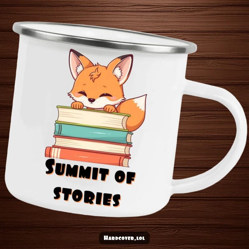 Funny fox camping mug showing a fox peeking over a stack of books, designed for durability and literary-themed humor.