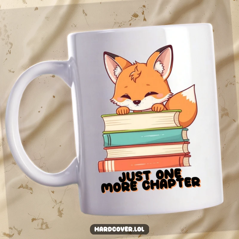 Funny fox mug showing a curious fox peeking over a tall stack of colorful books, inviting a sense of playful discovery.