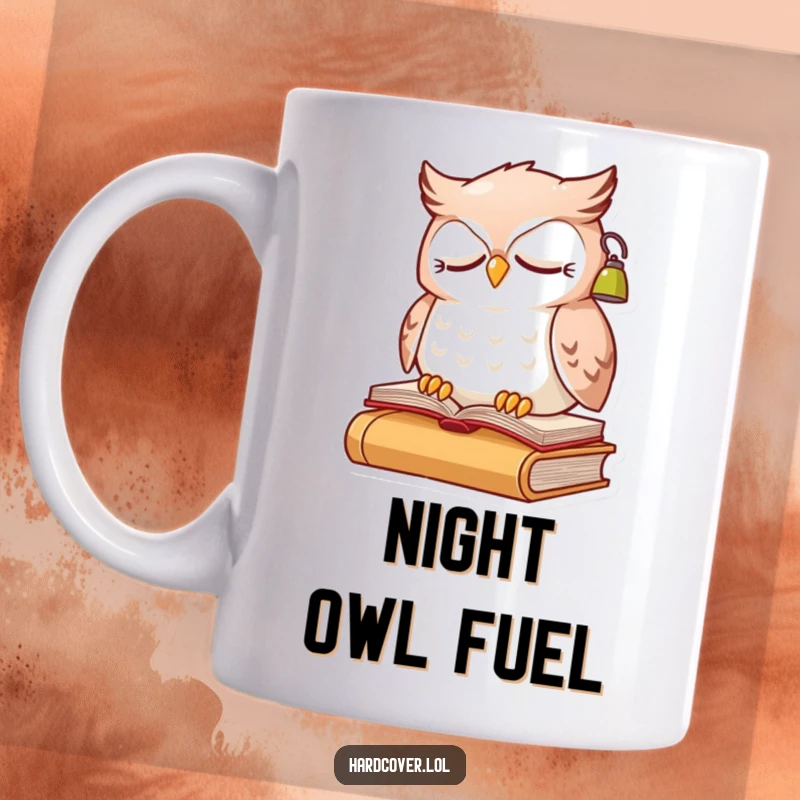 Funny sleepy owl character perched on an open book, wearing a small lit reading lamp, on a ceramic mug.