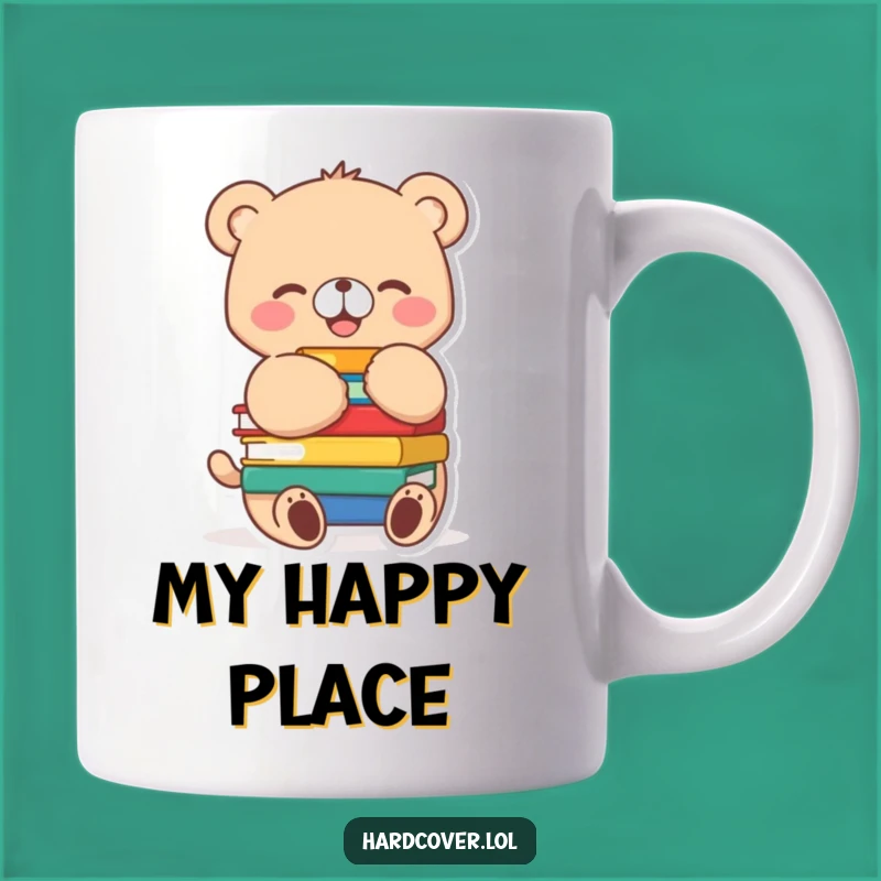 Funny Bear Cub Reading Gift Mug: Joyful Book Hugging Character for Book Lovers