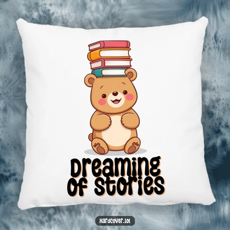 Funny pillow featuring a happy bear balancing a large stack of books overhead, offering comfort and a touch of literary humor.