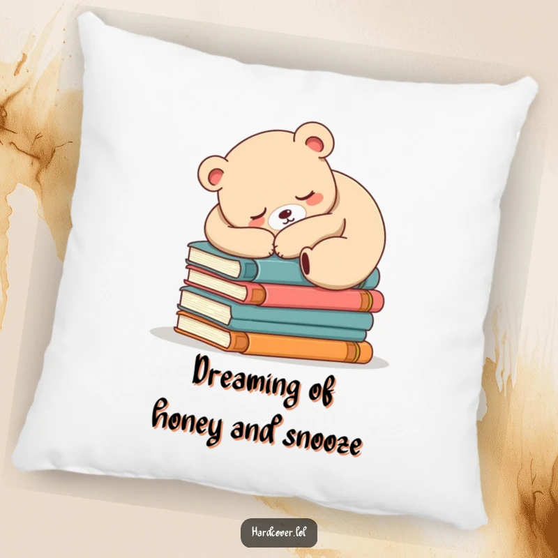 Funny sleepy bear character resting peacefully atop a stack of books on a plush pillow, ideal for comfort and decor.