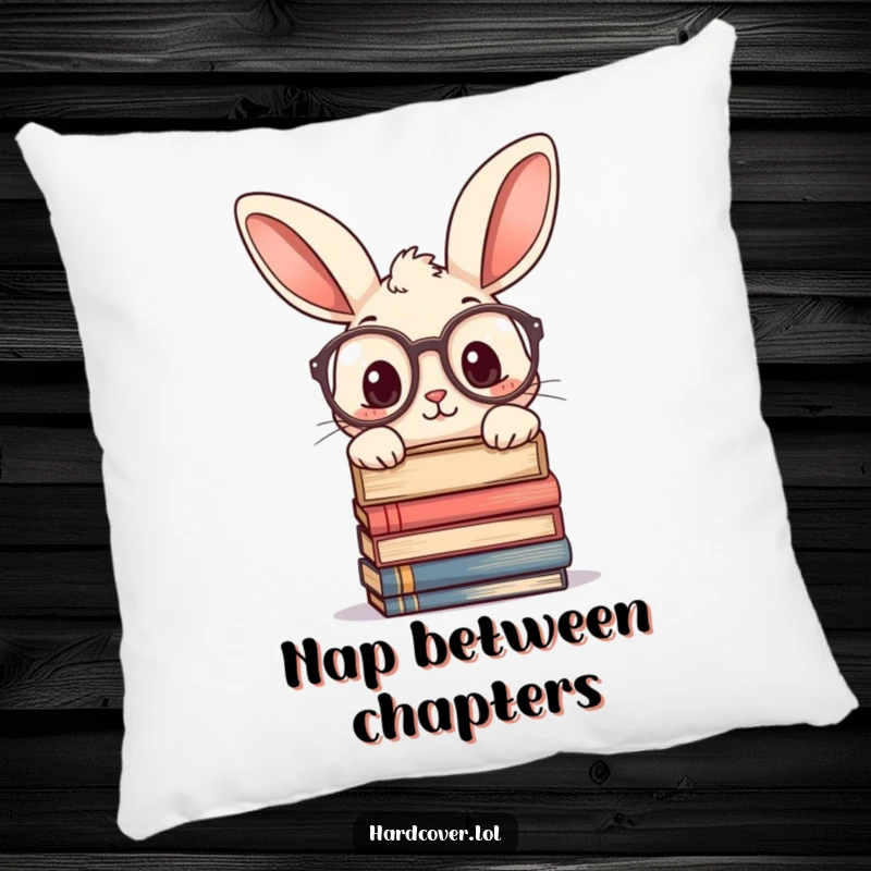 Funny pillow with a curious rabbit character wearing large glasses, peeking over a stack of books. Soft and decorative home accent.