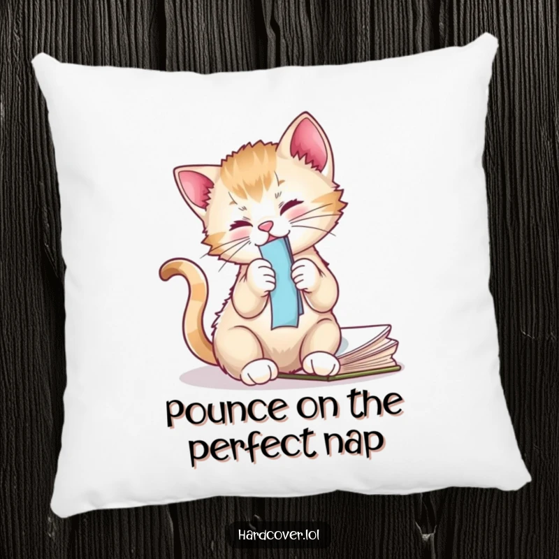 Funny kitten character on a plush pillow, playfully batting a bookmark from a book, perfect for cozy reading.