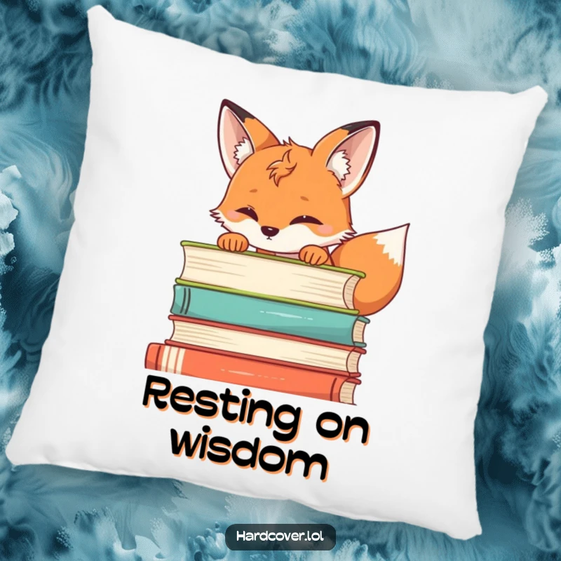 Funny fox pillow showing a curious fox peeking over a stack of books, offering plush comfort and literary-themed humor.