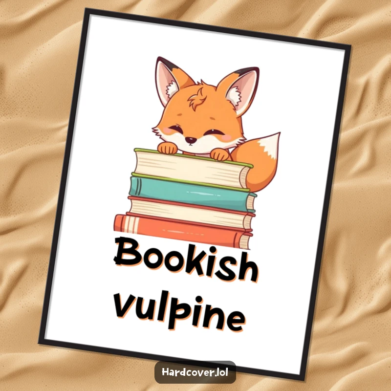 Funny fox digital art print of a curious fox peeking over a stack of books, ready for printable wall decor.