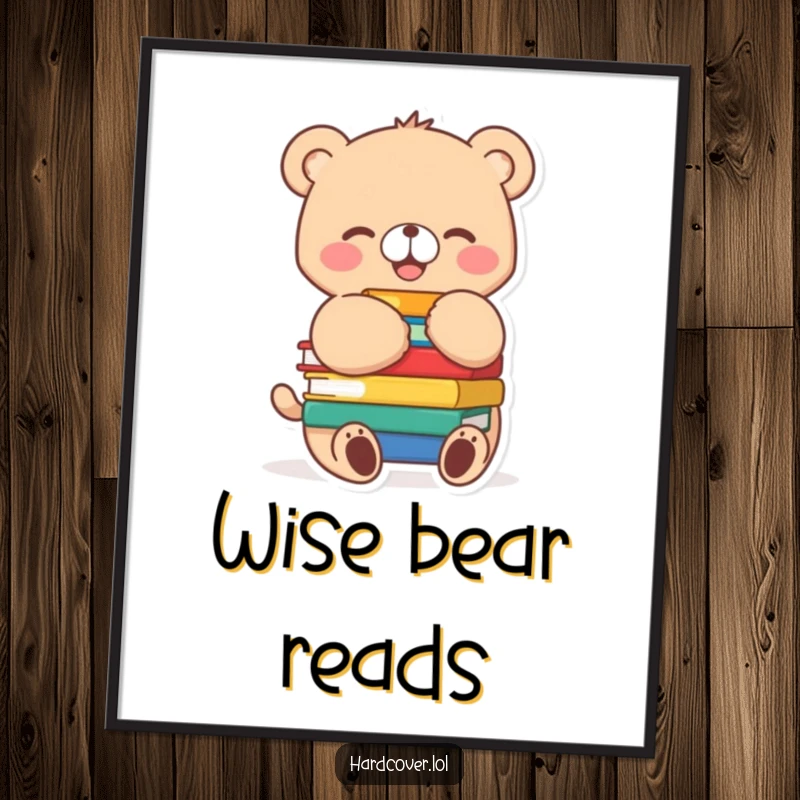 Funny bear cub character joyfully hugging a stack of colorful books, tail wagging, as a downloadable digital art print.