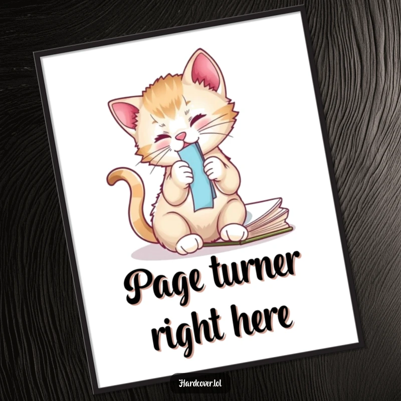 Funny kitten artwork, printable digital art of a cat playfully batting a bookmark, ideal for playful room decor.