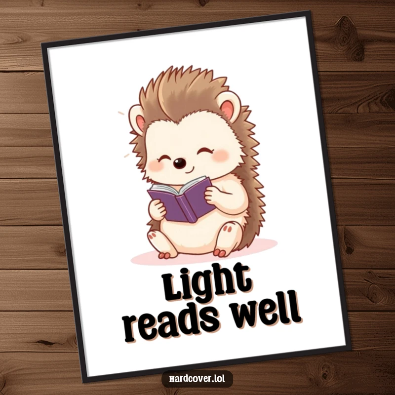 Funny content hedgehog character basking in light, reading a tiny storybook, as a downloadable digital art print.