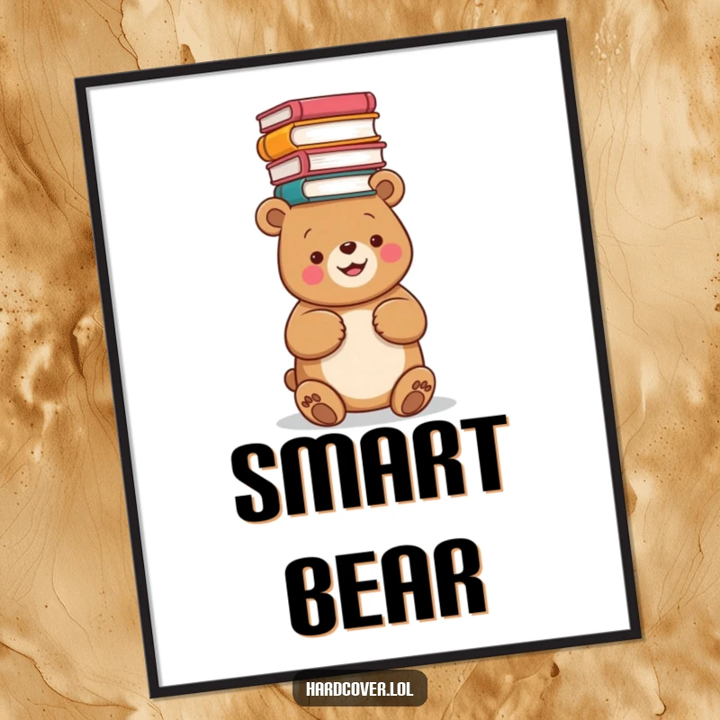 Funny digital art print of a happy bear balancing a teetering stack of books on its head, downloadable for instant decor.