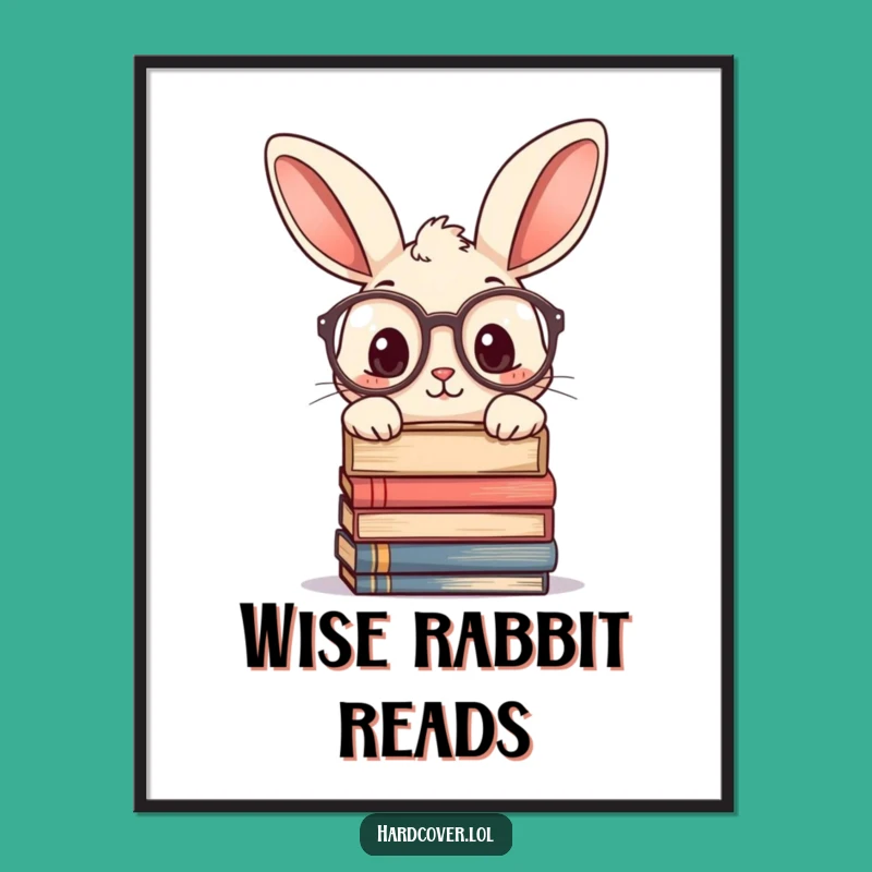 Funny Curious Rabbit Glasses Digital Art Print - Bookworm Decor