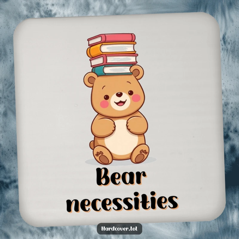 Funny coasters featuring a happy bear balancing a stack of books on its head, adding humorous charm and protection.