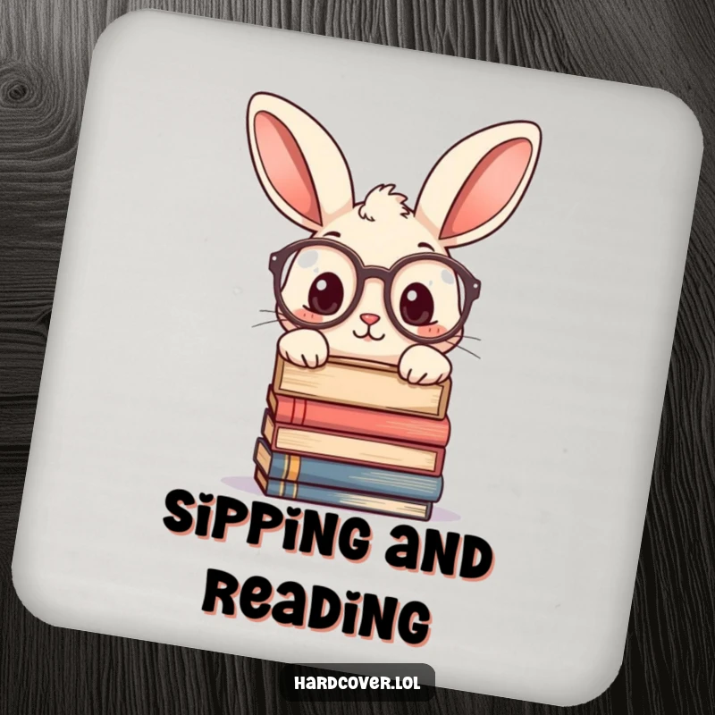 Funny drink coaster with a curious rabbit character wearing large glasses, peeking over a stack of books. Protects surfaces with wit.