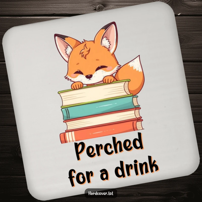Funny fox drink coasters depicting a curious fox peeking over a stack of books, protecting surfaces with charm and humor.