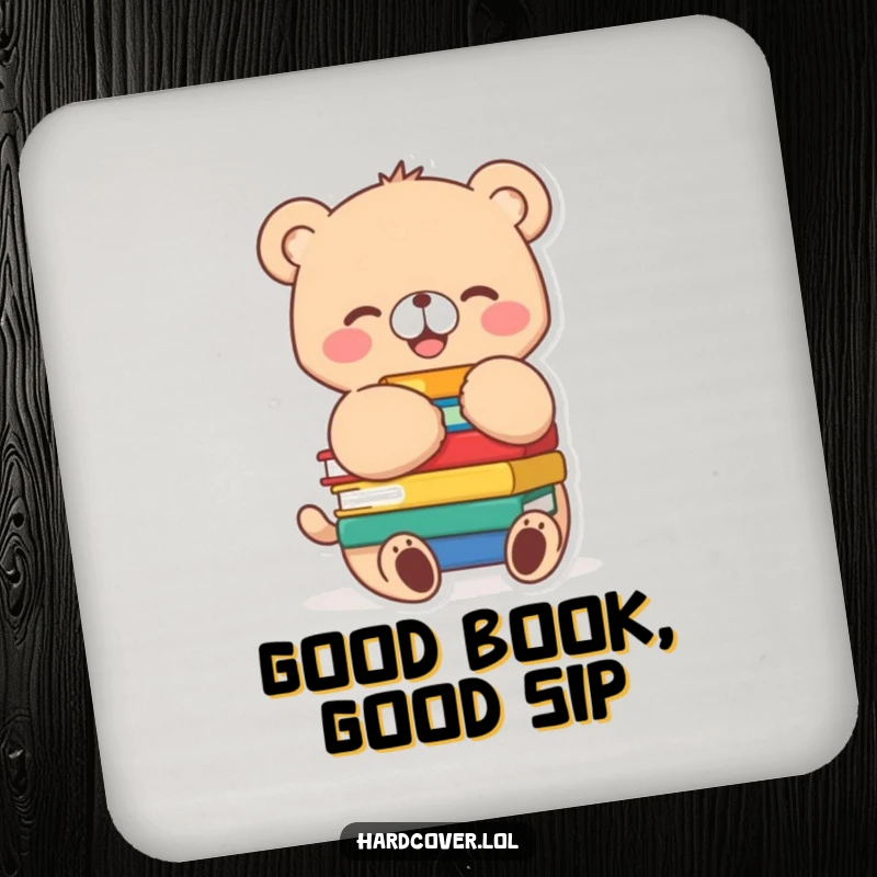 Funny bear cub character joyfully hugging a stack of colorful books, tail wagging, on a protective drink coaster.