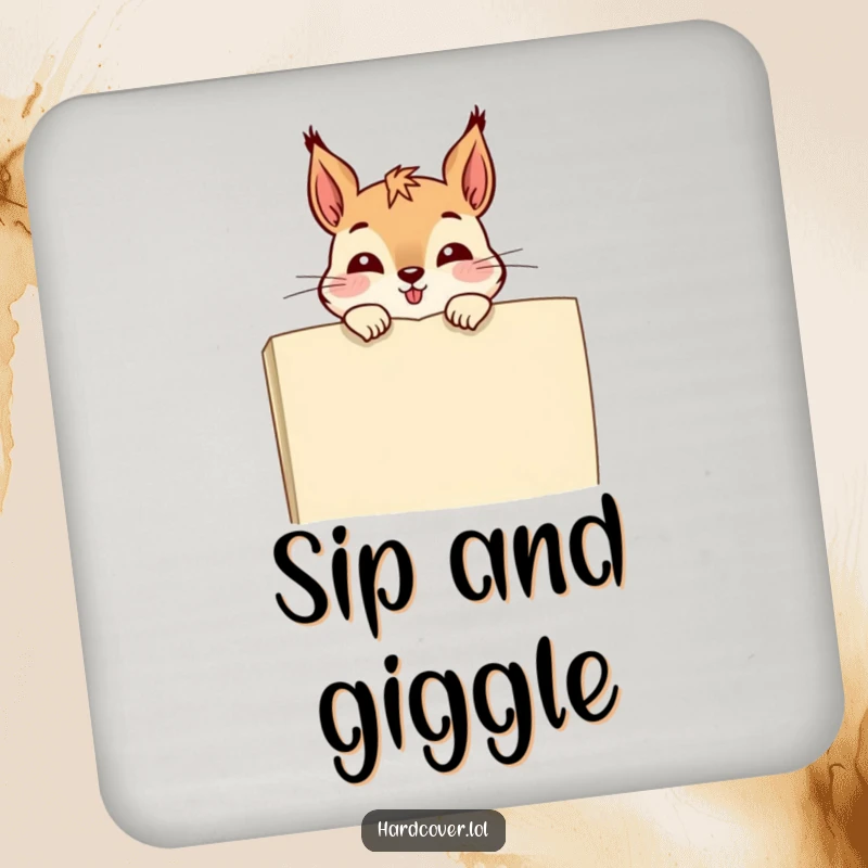 Funny coasters featuring a giggling squirrel peeking over a book, adding humorous charm and protection.