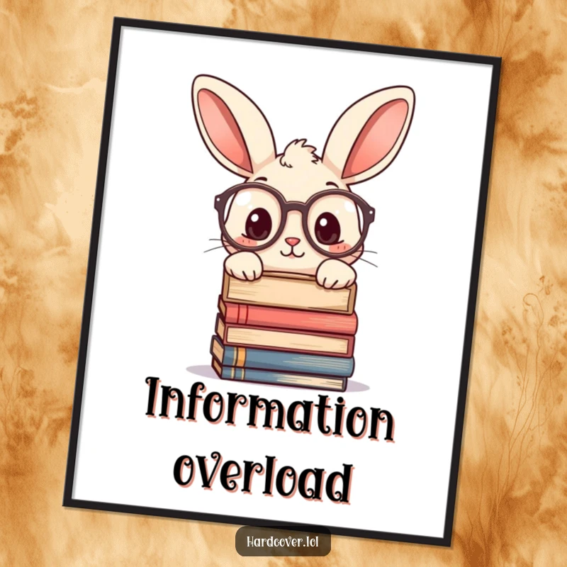 Funny poster print of a curious rabbit character wearing large glasses, peeking over a stack of books. Scholarly wall decor.