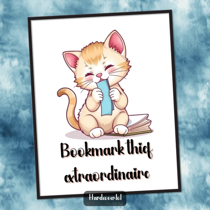 Funny kitten artwork on a poster, cat is batting a bookmark from a novel, adding playful decor to any room.