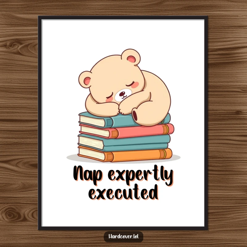 Funny sleepy bear artwork depicting a bear fast asleep on a massive pile of books, perfect for a cozy reading room.