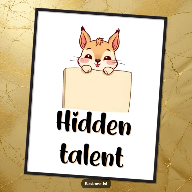 Funny poster print of a giggling squirrel peeking over a book, bringing whimsical humor and charm to any room.