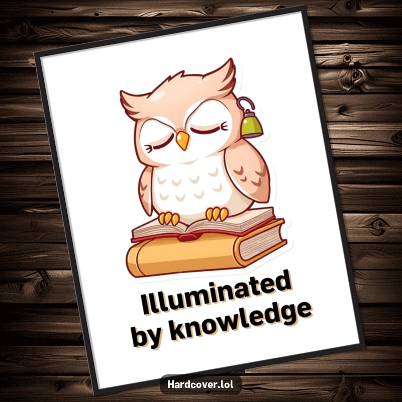 Funny sleepy owl character perched on an open book, wearing a small lit reading lamp, as wall art poster.