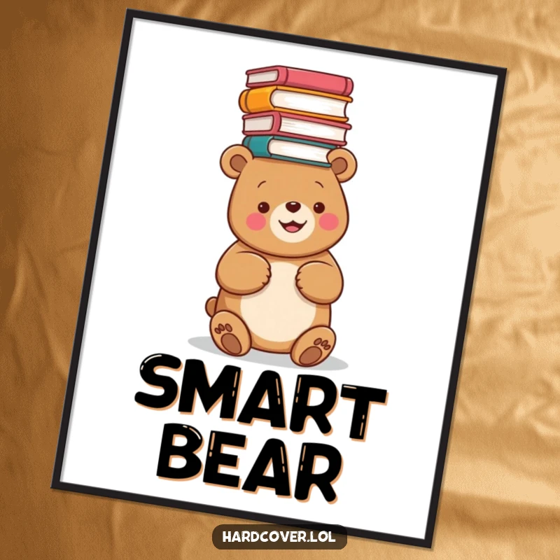 Funny poster print of a happy bear balancing a teetering stack of books on its head, bringing whimsical humor to any room.