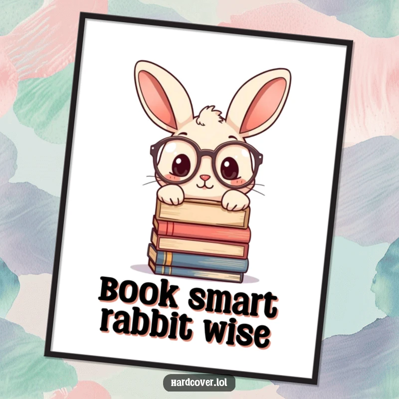 Funny Free Printable Wall Art: Curious rabbit wearing large glasses, peeking over a tall stack of books.