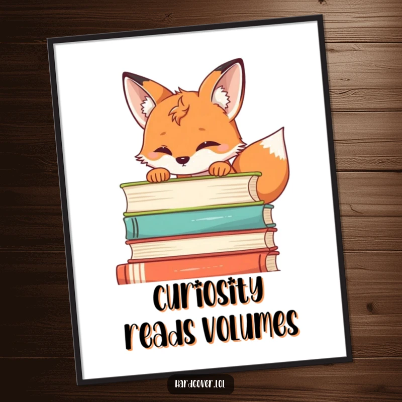 Funny Free Printable Wall Art: A clever fox peering inquisitively over the edge of a towering stack of old books.