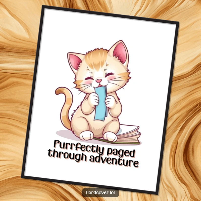 Funny free printable wall art of a playful kitten batting energetically at a dangling bookmark, adding humor to decor.