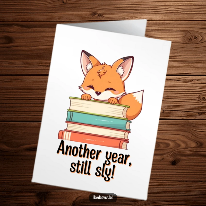 Funny Free Printable Birthday Card: A curious fox peeking over a tall stack of books with an inquisitive look.