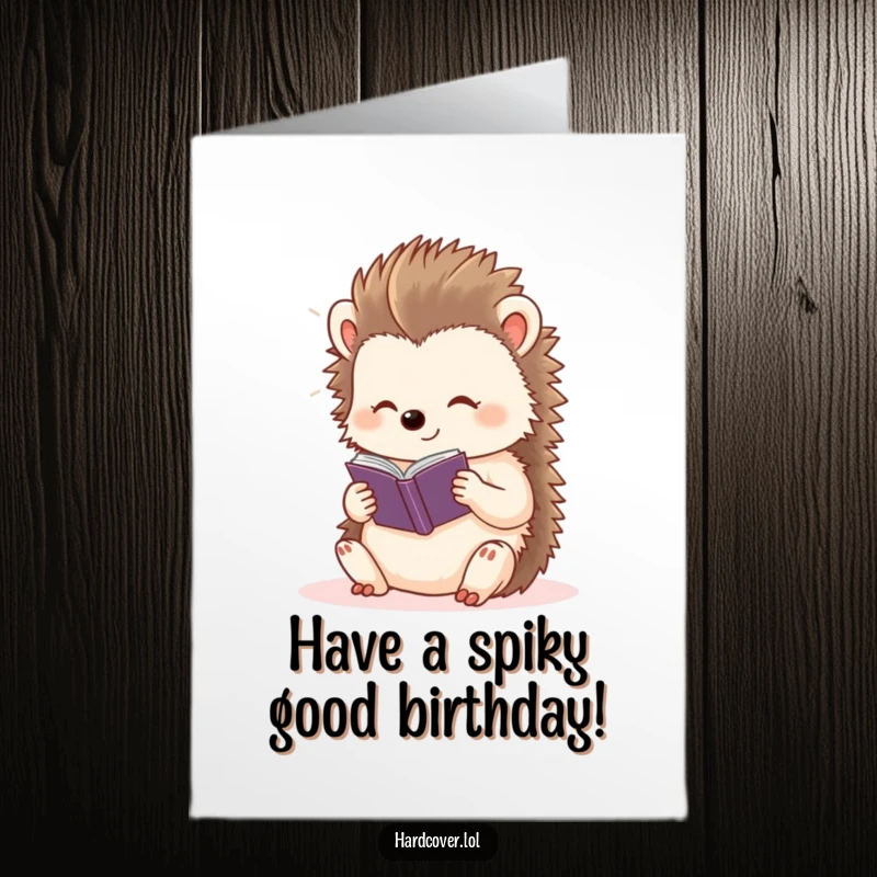Funny Free Printable Birthday Card: A content hedgehog basks in light while reading a tiny storybook.
