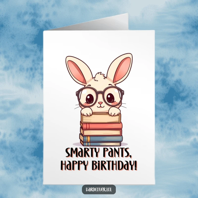 Funny Free Printable Birthday Card: Curious rabbit in glasses, peeking over books with a knowing look.