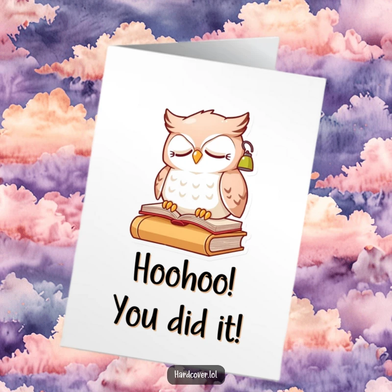 Funny Free Printable Congratulations Card: A sleepy owl with a reading lamp on its head sits on a book.