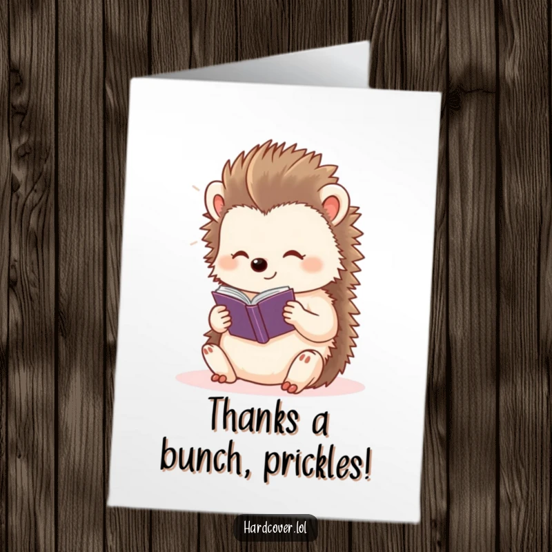 Funny Free Printable Thank You Card: A content hedgehog reading a tiny storybook in a warm light.