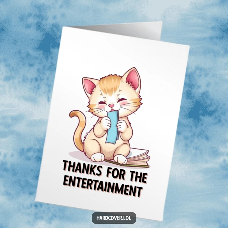Funny free printable thank you card featuring a kitten playfully attacking a bookmark, conveying thanks with charm.