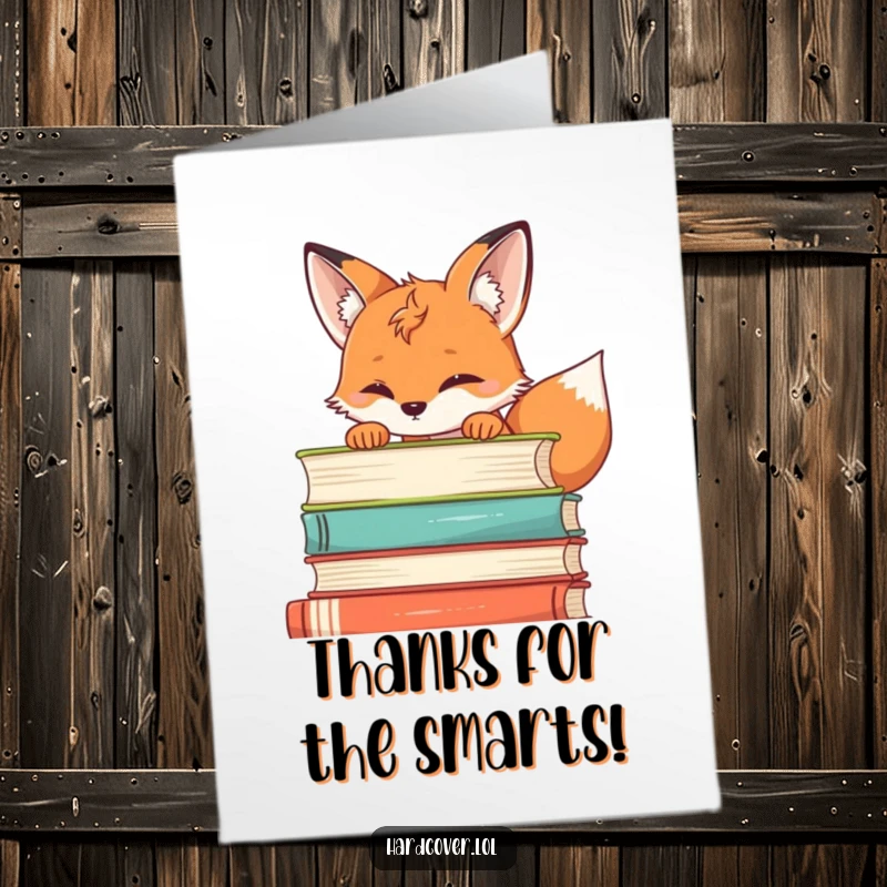 Funny Free Printable Thank You Card: A curious fox peeking over a stack of literature, conveying thankful curiosity.