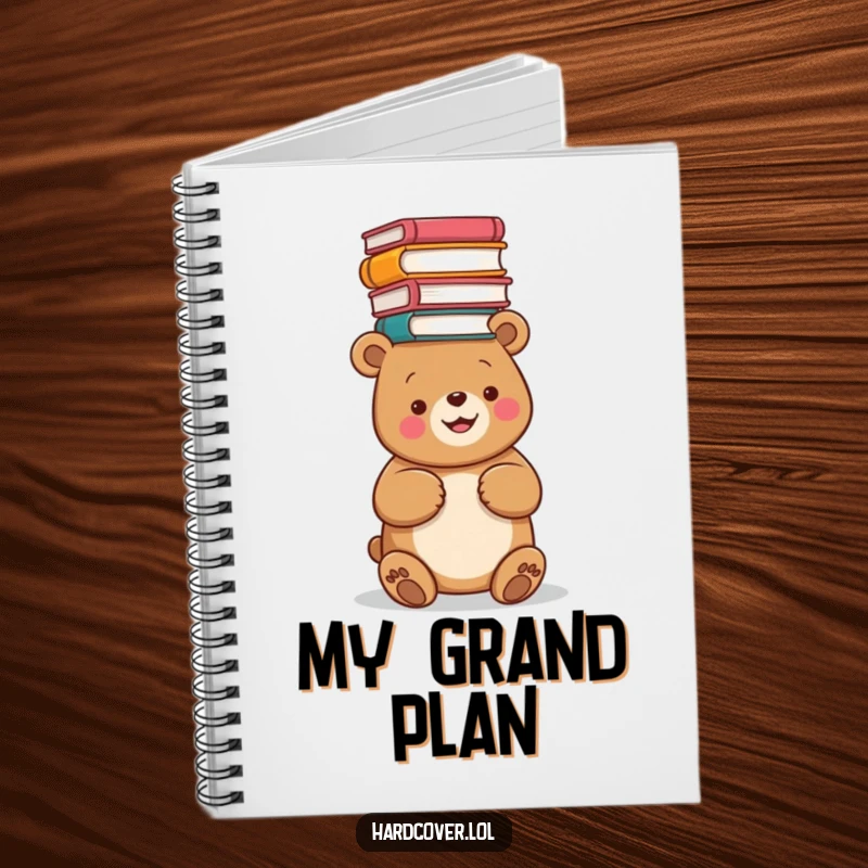 Funny notebook featuring a happy bear balancing a tall pile of books, perfect for writing notes and journaling.