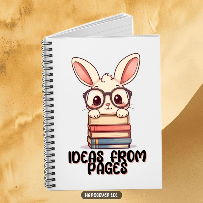 Funny notebook with a curious rabbit character wearing large glasses, peeking over a stack of books. Perfect for journaling or study notes.