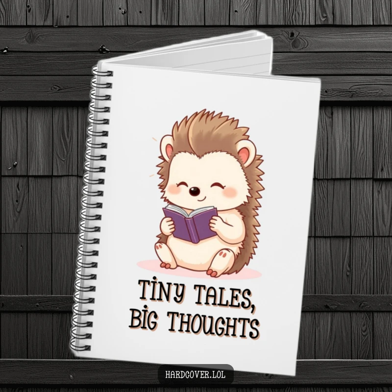 Funny content hedgehog character basking in light, reading a tiny storybook, on a lined notebook cover.