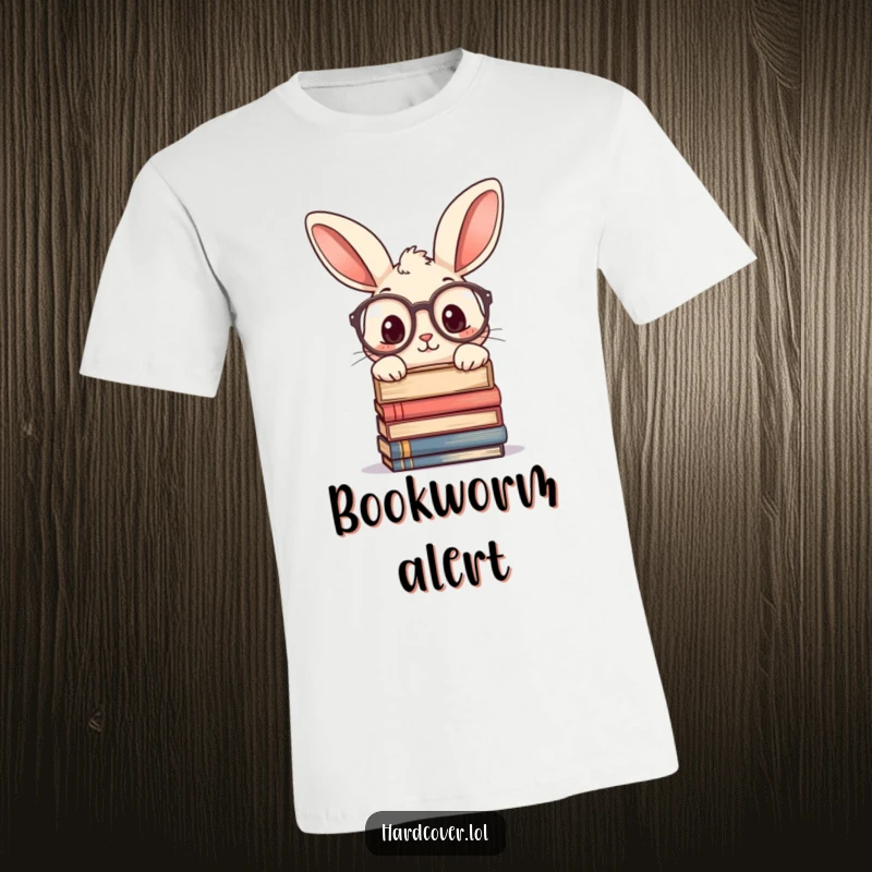 Funny t-shirt featuring a curious rabbit character wearing big glasses, peeking over a pile of books. Intellectual and playful design.