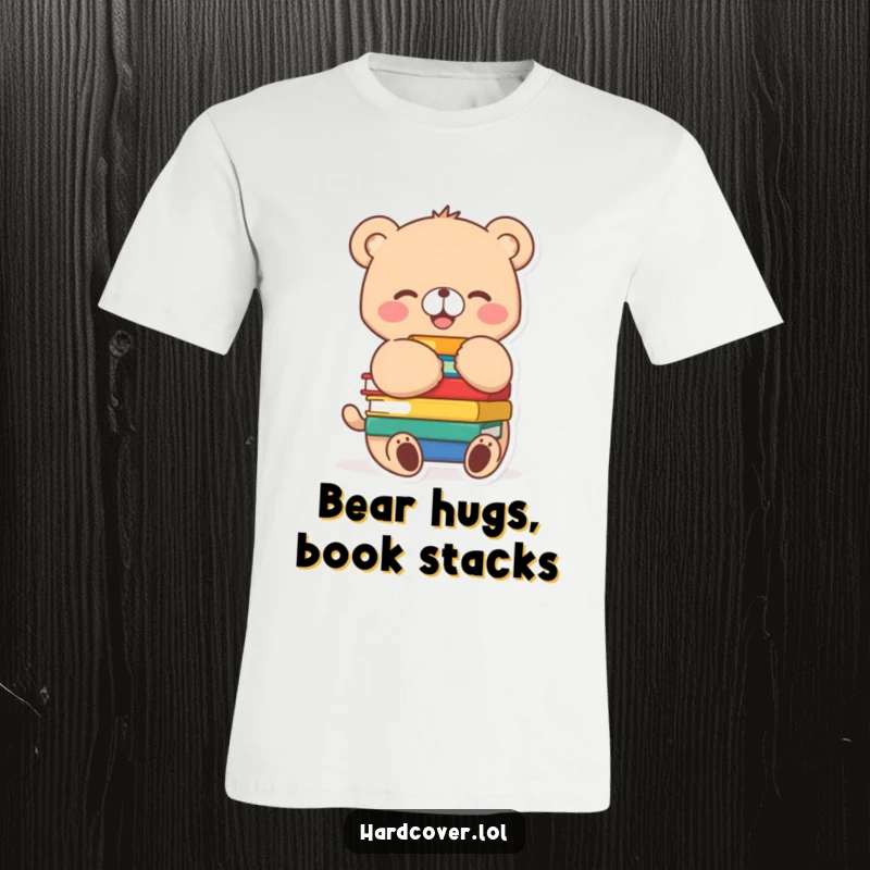 Funny bear cub character joyfully hugging a stack of colorful books, tail wagging, printed on a soft t-shirt.